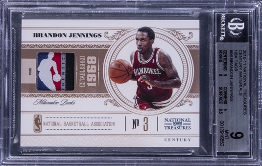 2010-11 Panini National Treasures “Century Materials” NBA Tags #56 Brandon Jennings Patch Card (#1/1) - BGS MINT 9